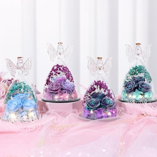 Mothers Day Rose Gifts for Women Preserved Real Flower in Glass Angel Figurines Roses for Delivery Prime Birthday Gifts for Mom Grandma Girlfriend Wife Her, Multi Purple - color: Multi Purple