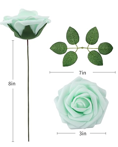 DuHouse 50Pcs Artificial Roses Flowers Fake Roses with Stems Real Touch Foam Flowers for DIY Wedding Bouquet Party Centerpiece Floral Arrangement Party Home Decor(Mint Green) - color: Mint Green, size: 50pcs