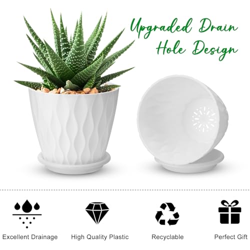 YNNICO 4 inch Plant Pots, 5 Pack Flower Pots Outdoor Indoor, Planters with Drainage Holes and Tray Saucers（White） - color: White, size: 4 inch