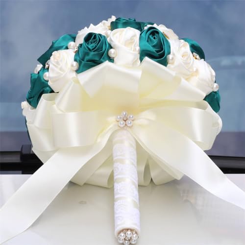 MaxxCloud 7.1‘’ Handmade Romantic Toss Bouquet for Bride Stunning Bridesmaid Brooch Wedding Bouquet with Jewelry Petals Dark Green and Ivory - color: Dark Green+ivory, size: 7.1''/18cm