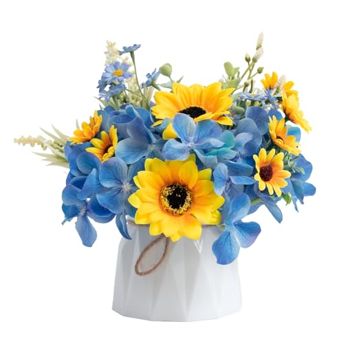 WELL KNOWN Small Fake Flowers in Plastic Vase 7" Centerpieces Coffee Table Decor, Silk Sunflower Arrangement for Home Decor Artificial Flower Bouquet for Dining Room Kitchen Wedding Summer Yellow Blue - color: Sunflowers & Blue