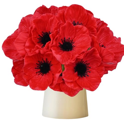 10Pcs Red Poppy Artificial Flowers 11" Real Touch No Fade PU Fake Flowers for Wedding Centerpieces Bridal Bouquets Home Decor Vase DIY Arrangements Memorial/Veterans Day - color: Red