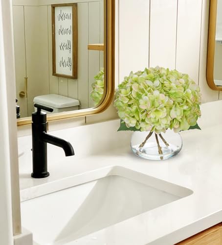 Hollyone Green Hydrangea Artificial Flowers with Glass Vase Silk Faux Flowers Arrangements in Vase with Faux Water Fake Floral Bulk Bouquet for Home Decor Table Centerpiece Decorations - color: Hydrangea, Green