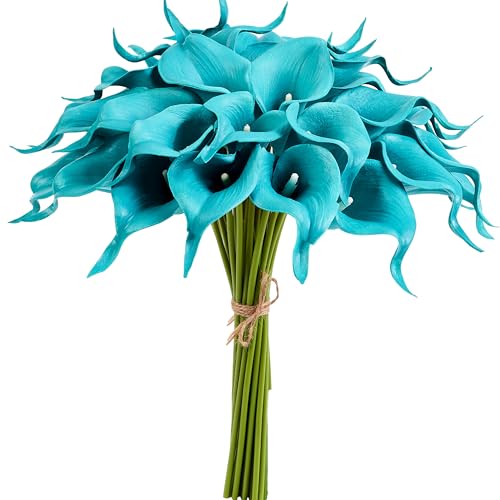 Teal Artificial Calla Lily 12Pcs Blue Real Touch Faux Flowers for Wedding Bouquet, Bride Bridal Shower, Spring Home Kitchen Table Decor, Fake Lilies for Centerpieces, Party Decorations - color: Teal Blue