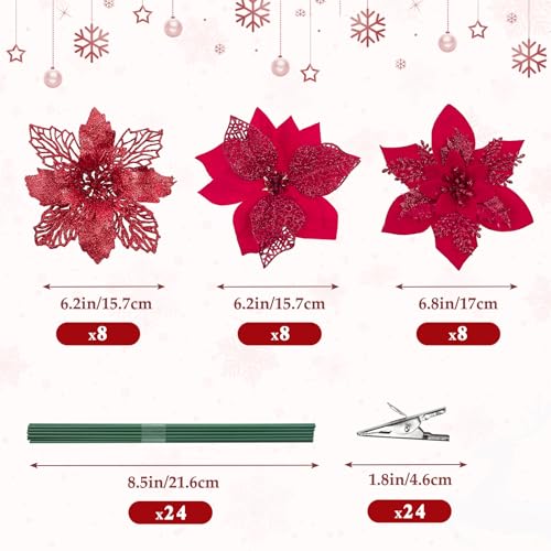 Alupssuc 24 PCS 3 Styles 6'' Poinsettia Christmas Flowers Artificial, Glitter Artificial Flower, Christmas Decorations for Xmas Tree Party Wreath Fireplace, New Year Ornaments, Red - color: Red