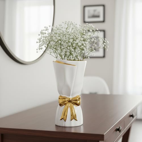 White Bow Vase - 10 Inch Modern Ceramic Vases for Living Room, Decorative Flower Vase for Home Decor, Wedding, Dining Room, Kitchen, Table, Bookshelf, Bathroom Decor - color: White, size: 10 inch