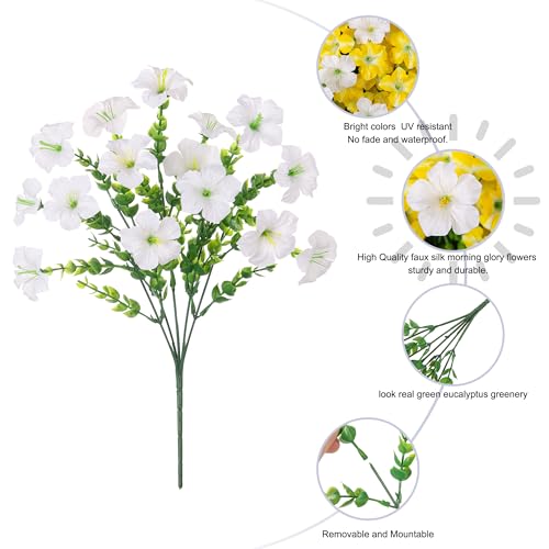 Artificial Flowers for Outdoors Decoration, 20 Bundles Faux Morning Glory with Eucalyptus Look Real UV Resistant Fake Plants Silk Flowers for Outside Yard Gardens Porch Patio Planter Home Urn, Mix - color: 2 Color(10 White, 10 Gradient Yellow)