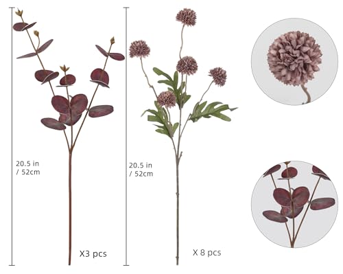Faux Silk Pompom Mum Artificial Flowers,8 Stems Purple Fake Kiku Flower with 3 Branches Real Touch Eucalyptus Stems for Wedding Bouquet Home Party Floral Arrangements(Purple) - color: Purple