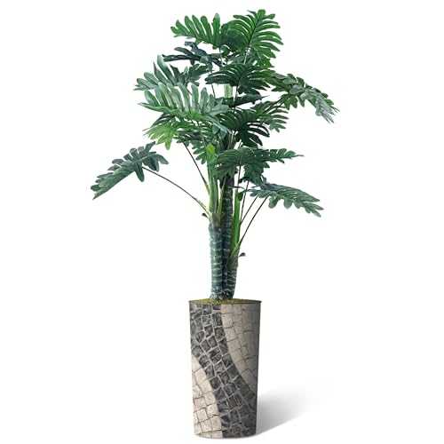 Artificial Tree in Geometric Pattern Planter, Fake Philodendron Tree Silk Tree for Indoor and Outdoor Home Decoration - 70" Overall Tall (Plant Pot Plus Tree) - style: Philodendron Tree