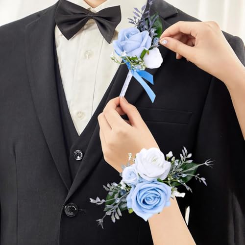 Rose Corsage and Boutonniere Set, 2PCS Handmade Artificial Flower Bride Wrist Corsage Wristlet Bracelets Wristband Men Boutonniere for Wedding Prom Suit Decorations - color: Blue
