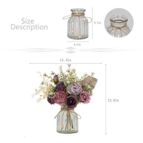 LESING Fake Artificial Flowers with Vase Faux Silk Flower Bouquet in Glass Vase Rose Floral Arrangements Flower for Home Office Decoration, Dining Table Centerpiece (Purple) - color: Purple