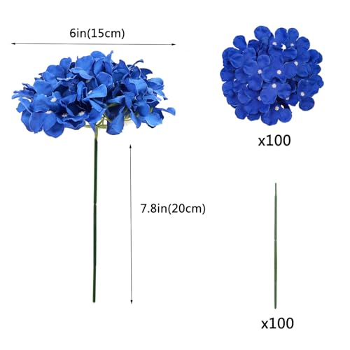 WEISPARK 100PCS Artificial Hydrangea Flowers, Fake Flowers Silk Hydrangea Full Flowers Heads with Stems for Wedding Home Party Shop Baby Shower Decor (Royal Blue) - color: Royal Blue