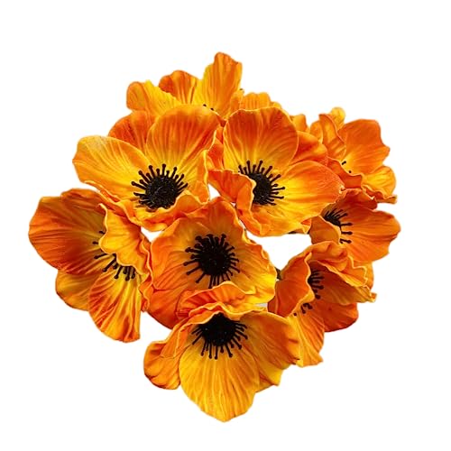 Rikyo 10 Stem 11inch Bouquets Artificial Flowers Poppy Flowers,Faux Anemone PU Fake Wild Flowers for Kitchen Table Centerpiece Vase,Home Wedding Holding Flowers Backdrop Arch Wall (Orange) - color: Orange