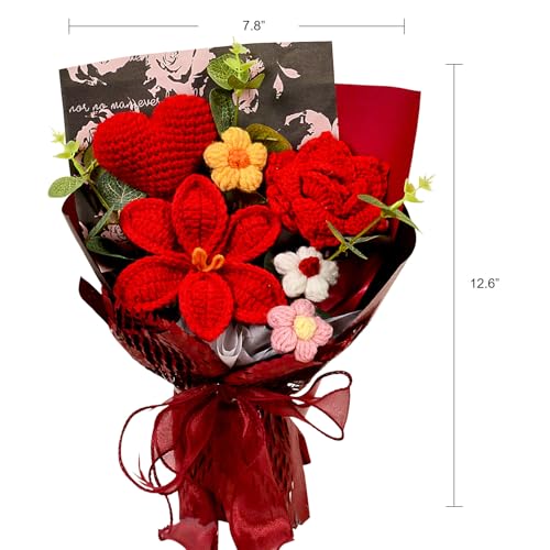Crochet Flowers Bouquet - Crochet Tulips Roses Love Heart Daisies Knitted Flowers for Valentine's Day Anniversary Wedding Engagement Christmas Birthday Gifts Home Décor, Red - color: Z: Red - Love Heart