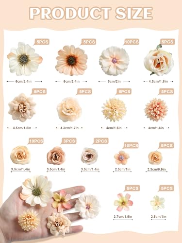 rongflower Mini Artificial Flowers for Crafts, 90 Pcs Nude Color Silk Fake Flowers Assorted Faux Roses Peonies Daisies Bulk for Wedding Decor Graduation Cap Cake Topper Baby Shower Home DIY - color: Nude Color