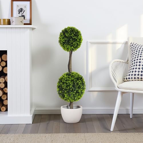 Christopher Knight Home Alene Set of 2 34''H Pre-Potted Artificial Tree Indoor, Artificial Topiary Boxwood Tree Double Ball with Pot, Faux Tree with Natural Wood Trunk with Black Plastic Pot, Green - color: Green/34''h