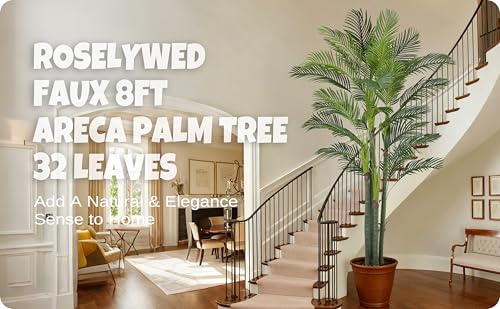 Roselywed Artificial Areca Palm Tree 8FT with 32 Leaves Realistic Tall Large Fake Faux Tropical Silk Plant 96 Inch Black Pot for Indoor Home Office Porch Mall School Decor Housewarming Gift - size: 8ft