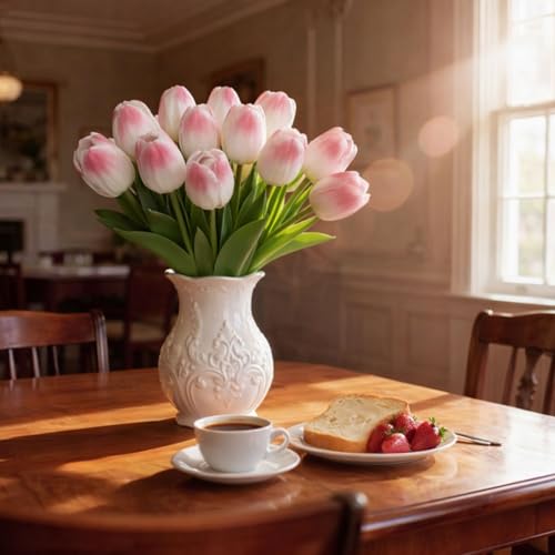20 Pcs Tulips Artificial Flowers, 13.5'' Real Touch PU Fake Flowers Bouquet for Home Party, Spring Wedding Floral Arrangement, Valentine's, Easter and Mother's Day Decor (White Pink) - color: White Pink