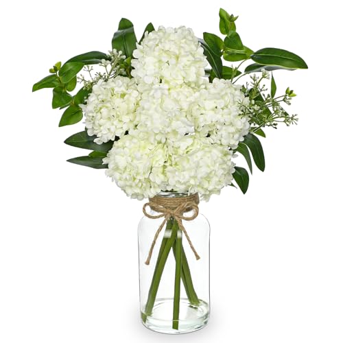 Hollyone White Hydrangea Artificial Flowers in Clear Glass Vase with Faux Water Silk Hydrangeas Fake Flowers Floral Arrangement for Home Bathroom Kitchen Office Table Centerpiece Shelf Decorations - color: White