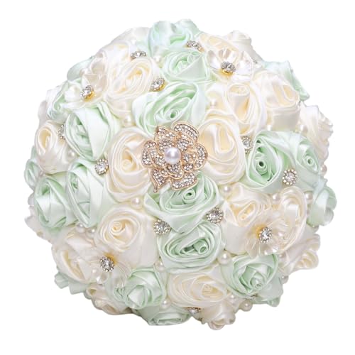 Bridal Wedding Bouquet with Rhinestone Brooch Pearl Bouquet for Bride Bridesmaid Quinceanera Rose Flower Bridal Bouquet Wedding Light Green and Ivory 9.8in - color: Light Green & Ivory, size: Extra-large (DIA. 9.8"/25cm)