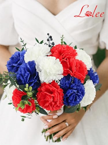 108pcs Carnation Head with Stem, Red Blue White Artificial Carnations Flowers, 3.5" Silk Carnation Fake Flower Arrangement for Patriotic Memorial Bouquet Grave Centerpieces 4th of July Veterans Decor - color: Red&blue&white