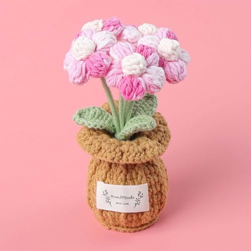 Crochet Puff Flower Plant, Small Cute Handmade Knitted Flowers with Vase, Small Crochet Potted Artificial Flower Plants for Desk Home Car Dashboard Office Decorations (Puff-Pink) - color: Puff-pink