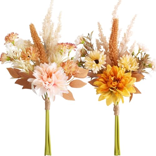 Joeabor Fake Flower Bouquet, Faux Flower Arrangement for Decorating Kitchens, Bedrooms, Bathrooms, Realistic Artificial Flowers Made of Silk & Plastic, Floral Decoration with Dahlia & Small Blossoms - color: Pink & Yellow