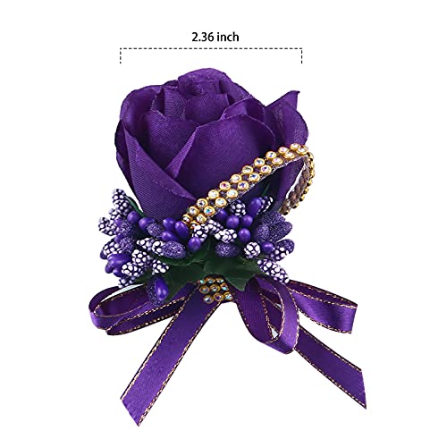 Wrist Corsage 4 Packs Wedding Bridal Wrist Corsage Flower Rose Wristband Purple Rose Corsage for Bride Bridesmaid Perfect for Wedding, Prom, Party (4 Packs, Wrist Flower-Purple) - color: Corsage- Purple, size: 4 Packs