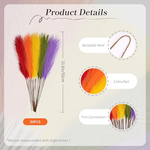 50pcs Pampas Grass 21.6 Inch Non-Shedding Faux Pampas for Modern Neutral Home, Boho Wedding and Cream Tone Vase Arrangements Red Orange Yellow Green Purple - color: Mixed Color3