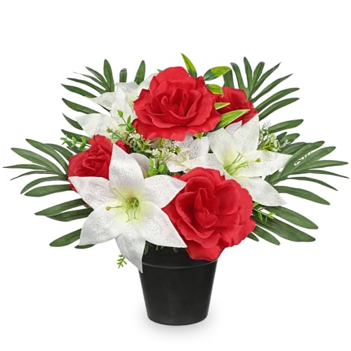 Hollyone Artificial Cemetery Flower for Graves, White Red Faux Lily Rose Flowers in Pot Silk Cemetery Memorial Flowers for Outdoors Gravesites Headstones Home Decoration - color: Red & White-rose Lily