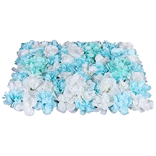 DNYSYSJ Flower Wall 12PCS 23.62" x 15.75" x 0.79" Blue & White Hydrangea Artificial Rose Flowers Panel Silk Fabric Wall Mat Floral Backdrop with Stand Blue 2D for Garden Patio Wedding Stage Decor - color: Blue and White, size: 12 pieces