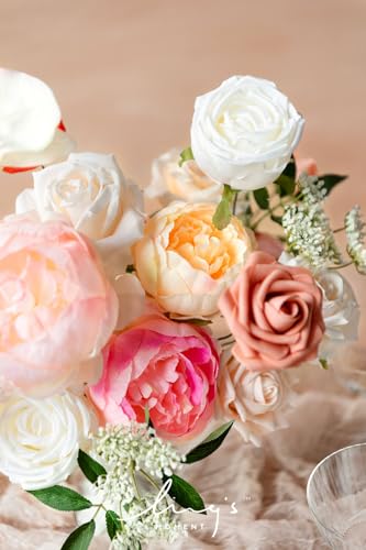 Ling's moment Fake Flowers Box, Faux Artificial Greenery Stems Foam Roses Silk Peonies Orchid Poppy Fabic Flower for Centerpieces Bouquet Wedding Vase Floral Decorations, Coral & Ivory, Grand Combo - color: Pk-coral & Ivory, size: Grand