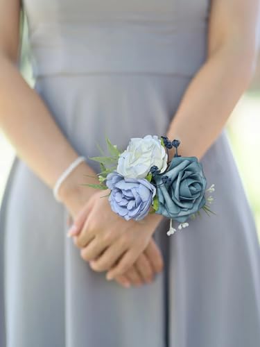 Rinlong 2Pcs Dusty Blue Wrist Corsage for Wedding, Prom, Homecoming | Bridesmaid, Mother of the Bride Corsage - color: 19-dusty Blue