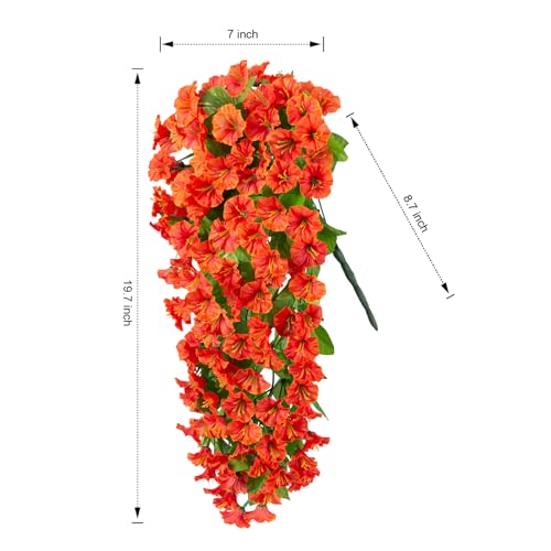 HyeFlora Artificial Fake Hanging Flowers Plants for Outdoor Outside Spring Decor, 2PCS Faux Silk Orange Morning Glory Trailing Vines UV Resistant Look Real for Home Planter Porch Patio - color: Orange 2