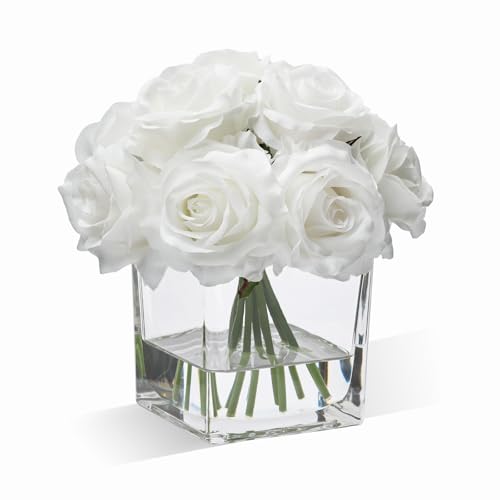WELL KNOWN Rose Artificial Flowers in Vase with Faux Water, Ivory White Silk Rose Table Centerpieces for Home Coffee Table Decor, Fake Roses Flower Arrangements for Office Hotel Lavatory Decor - color: Ivory