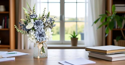 Artificial Flowers with Vase, Faux Dahlia Flower Arrangement in Glass Vase, Blue and White Silk Flowers with Eucalyptus for Home Office Kitchen Dining Table Centerpiece Decor - color: Blue-green