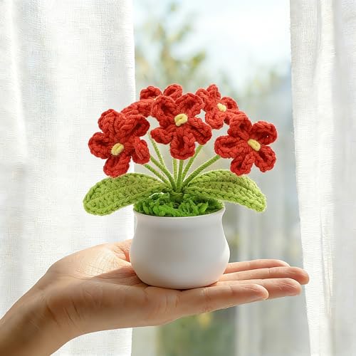 LAIDANLA Crochet Flowers Forget Me Not, Red Crochet Flower Potted Plant for Desk, Handmade Anniversary Graduation Birthday Small Gifts for Women Teacher Mom Coworker Friend - color: Red