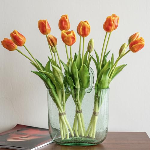 DUYONE 15pcs Artificial Tulips Flowers,Soft Touch Latex Bouquet, Fake Tulips for Office Wedding Party Home Kitchen Garden Decoration - color: 15pcs Orange (No Vase)
