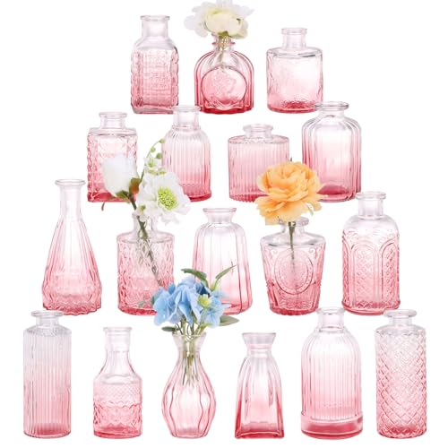 18pcs Pink Glass Bud Vase Set, Small Flower Vases for Centerpieces in Bulk, Mini Vintage Vase for Home, Wedding, Table Decor - color: Pink, size: 18pcs