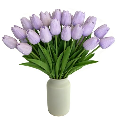 Purple Artificial Tulips Real Touch Fake Flowers, 20 Pcs PU Faux Tulips 13.5", Realistic Tulip Bouquet for Wedding Centerpiece Spring Home Kitchen Dining Table Vase Decoration Easter Stems - color: Light Purple