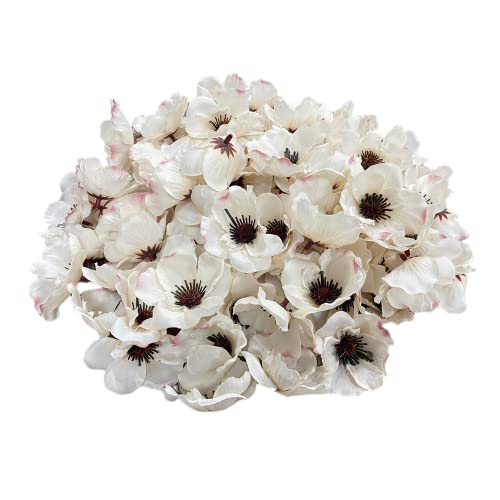 Rikyo 100 pcs Artificial Silk Poppy Anemone Flower Heads Autumn Fake Poppy Flower,Vase Fillers,Corsages for Wedding Decor,Nursery Wall,Archway Decor Wreath Garland Cake Ornaments (White) - color: White