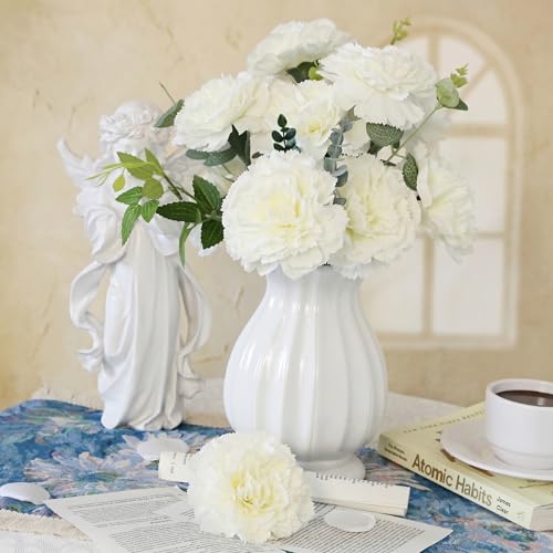 White Carnations Artificial Flowers 10Pcs Large Carnations Heads Lush Silk Flowers Bouquet with Stems for Wedding Bouquets Bridal Home Table Centerpieces(White) - color: Ivory