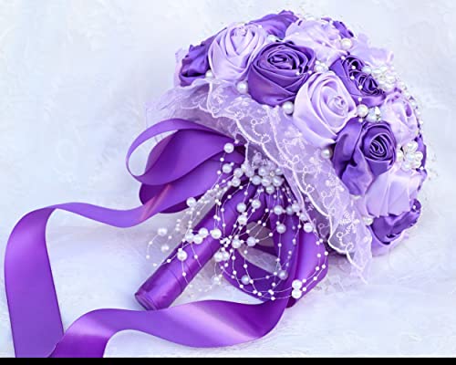 Purple Bridal Wedding Bouquet with Rhinestone Brooch Pearl Bouquet for Bride Bridesmaid Quinceanera Satin Rose Flower Bouquet Wedding Purple and Lilac 8.7in - color: Purple and Lilac (Standard Size: Dia.8.7")