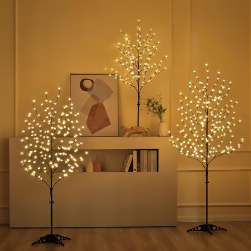 Lightshare LED Lighted Cherry Blossom Tree, 4FT, 5FT and 6FT, Warm White, Pack of 3, Decorate Home Garden, Summer, Wedding, Birthday, Christmas Holiday, Party, for Indoor and Outdoor Use - style: 4FT+5FT+6FT Warm White