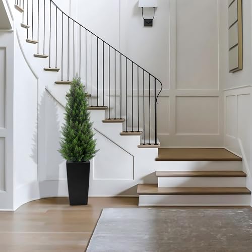 5FT Tall 2 Pack Artificial Cedar Topiary Trees with Compact Pyramidal Shape, Realistic Faux Cypress in Square Black Pot with Fillable Water Bag, Outdoor Evergreen for Front Porch Garden Home Decor - color: Black-pyramid Topiary, size: 5ft-2pack