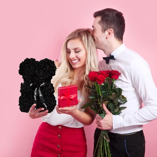 DuHouse Rose Bear Rose Teddy Bear Flower Gift Box for Valentines Gifts Anniversary Christmas,Birthdays Bridal Showers -Fully Handmade 10 inch Flower Bear Clear Gift Box(Black with Necklaces) - color: Black With Necklaces