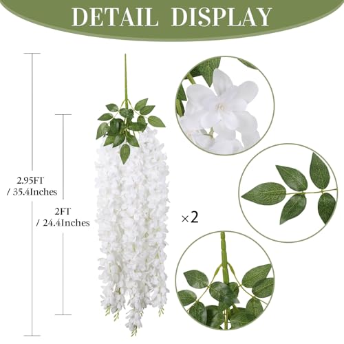 2PCS White Wisteria Hanging Flowers, 2.95ft Wisteria Garland with 5 Branches Realistic Silk Hanging Flowers for Decoration, Wedding Arch, Party Backdrop, and Home Wall Decor - color: White