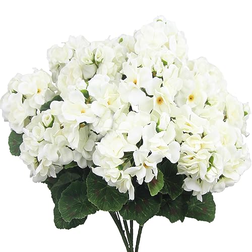 CISDUEO 4 Pcs Artificial Geraniums Silk Flowers Outdoor Artificial Geranium Bush White Faux Flowers Geraniums for Floral Home Decor Outdoor Indoor Garden Patio Grave Cemetary Vase Table Centerpiece - color: White