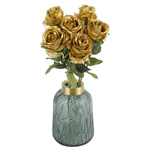 IPOPU 6PCS Gold Silk Lop-Sided Rose Artificial Flower with Long Stem Fake Leaf Roses, Artificial Long Stem Fake Roses Suitable for DIY Wedding, Home Decoration and Outdoor Party. - color: Gold
