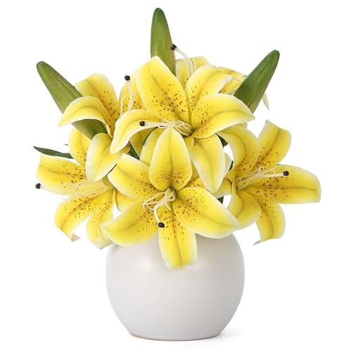 GarveeTech Artificial Tiger Lily Flowers 3 Pcs, Real Touch Yellow Lily Faux Flowers,6 Blooms & 3 Buds,Ceramic Vase Included,Home Table Wedding Baby Shower Birthday Party Centerpiece Decoration - color: Yellow, size: Lily(3 Pcs)